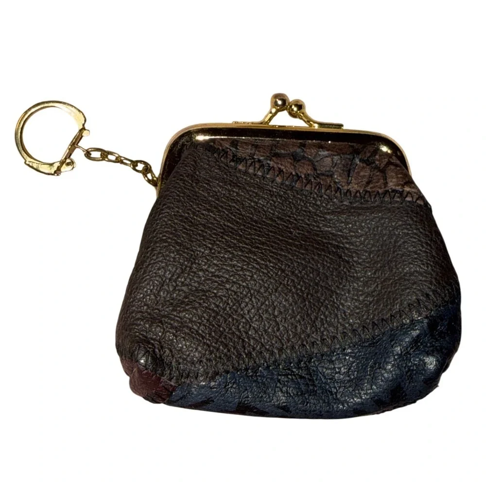 Vintage Boho Patchwork Leather Coin Purse Kiss Lock Keychain Bag Charm Retro